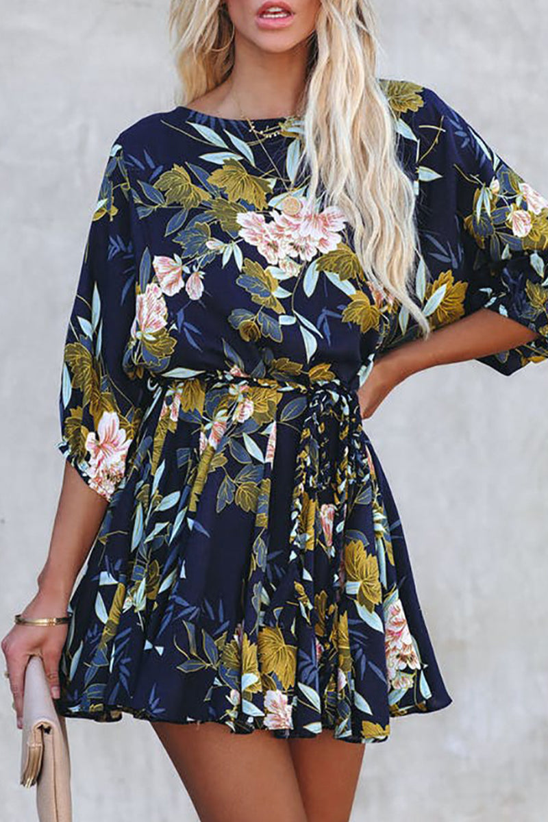 Vestidos vintage elegantes de corte A con escote en O y banda floral tipo vendaje