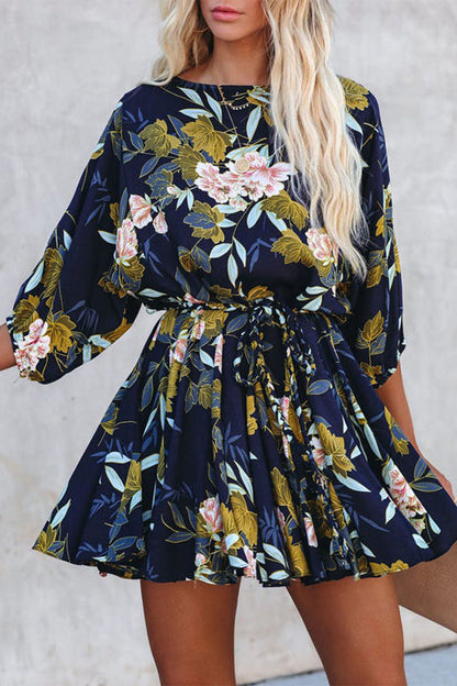 Vestidos vintage elegantes de corte A con escote en O y banda floral tipo vendaje
