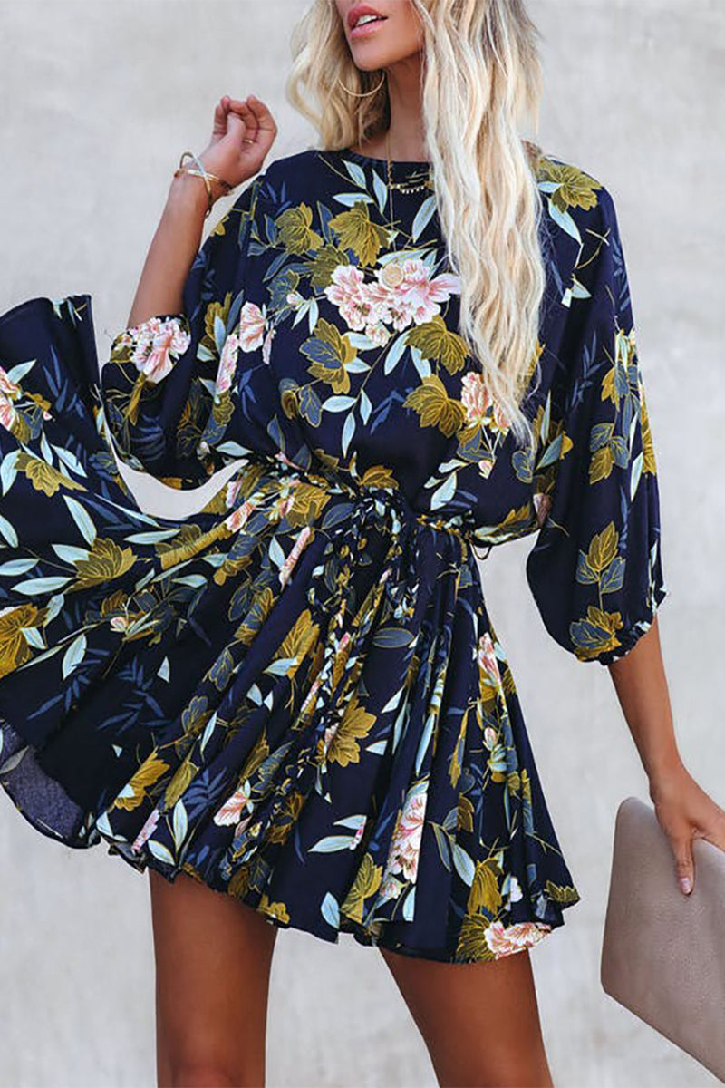 Vestidos vintage elegantes de corte A con escote en O y banda floral tipo vendaje
