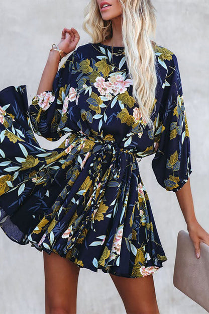 Vestidos vintage elegantes de corte A con escote en O y banda floral tipo vendaje