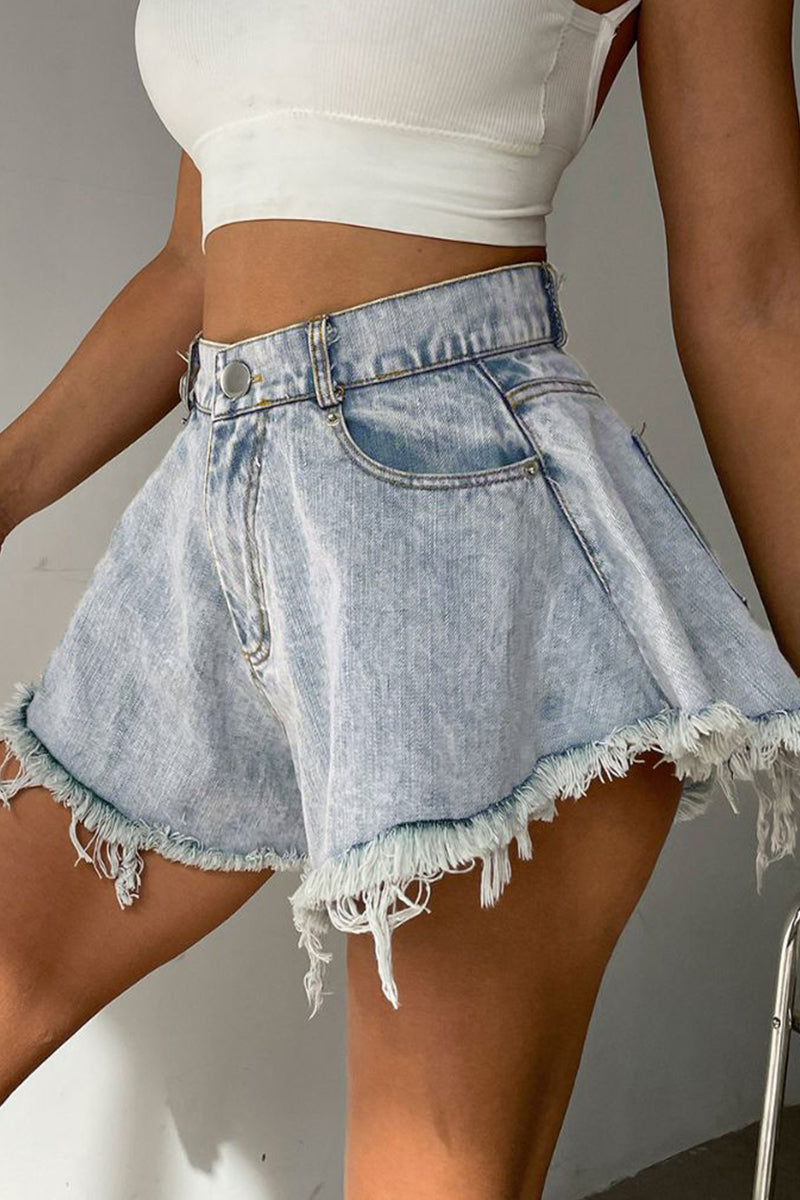 Shorts vaqueros sexys de cintura alta con borlas rasgadas