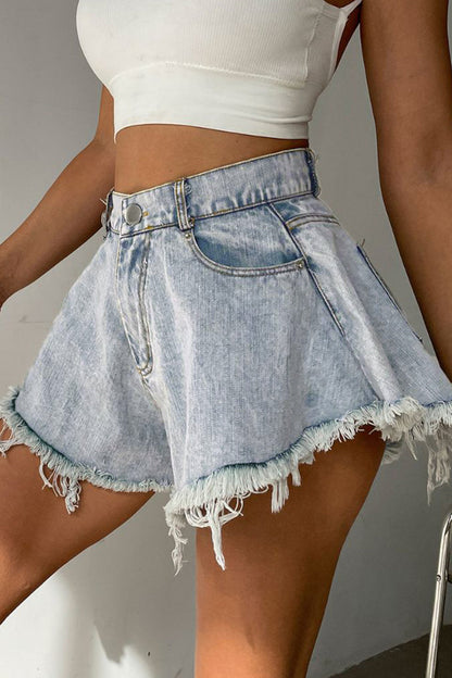 Shorts vaqueros sexys de cintura alta con borlas rasgadas