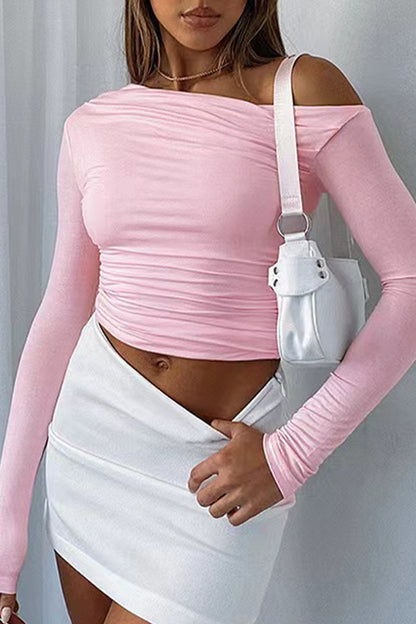 Tops casuales de cuello oblicuo con pliegues sólidos y simplicidad