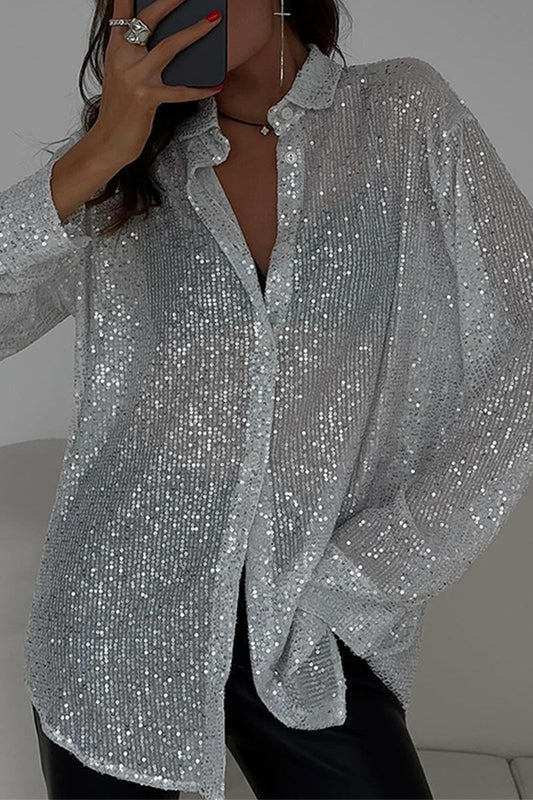 Blusas sexis de cuello vuelto con lentejuelas transparentes y lisas