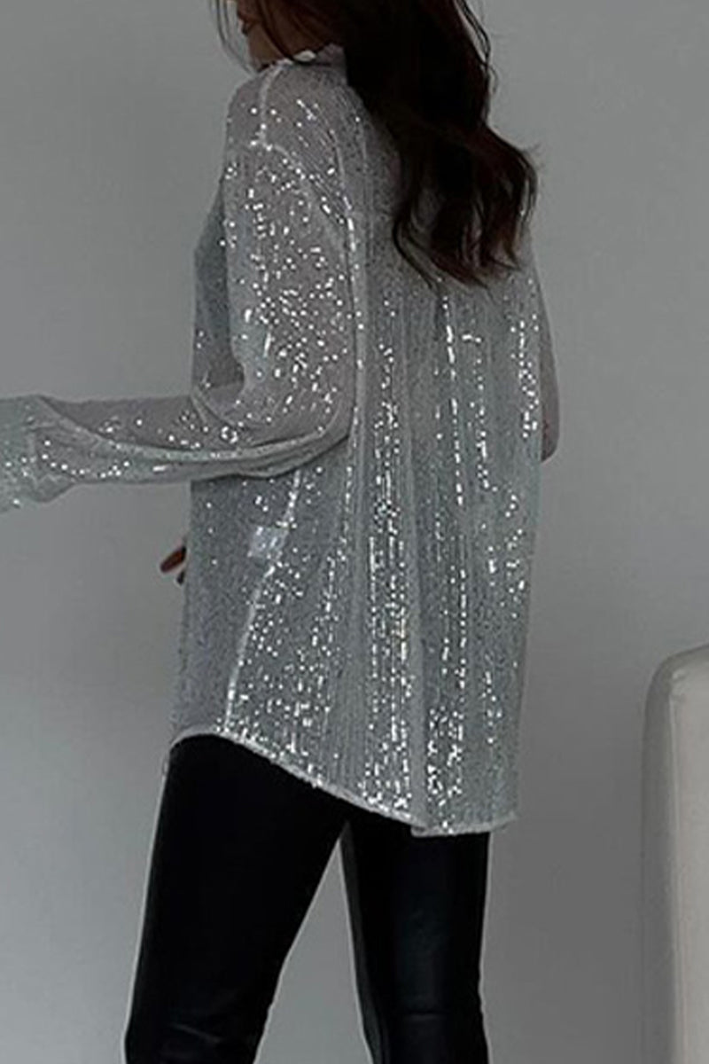 Blusas sexis de cuello vuelto con lentejuelas transparentes y lisas