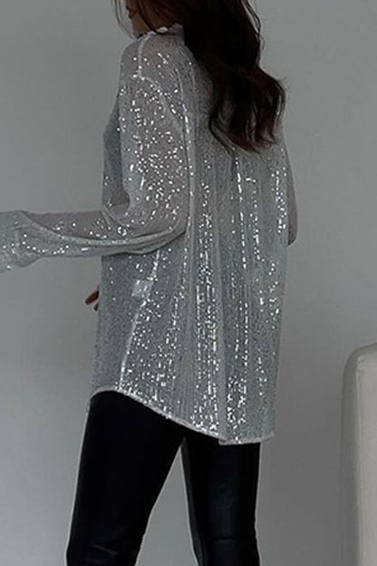 Blusas sexis de cuello vuelto con lentejuelas transparentes y lisas
