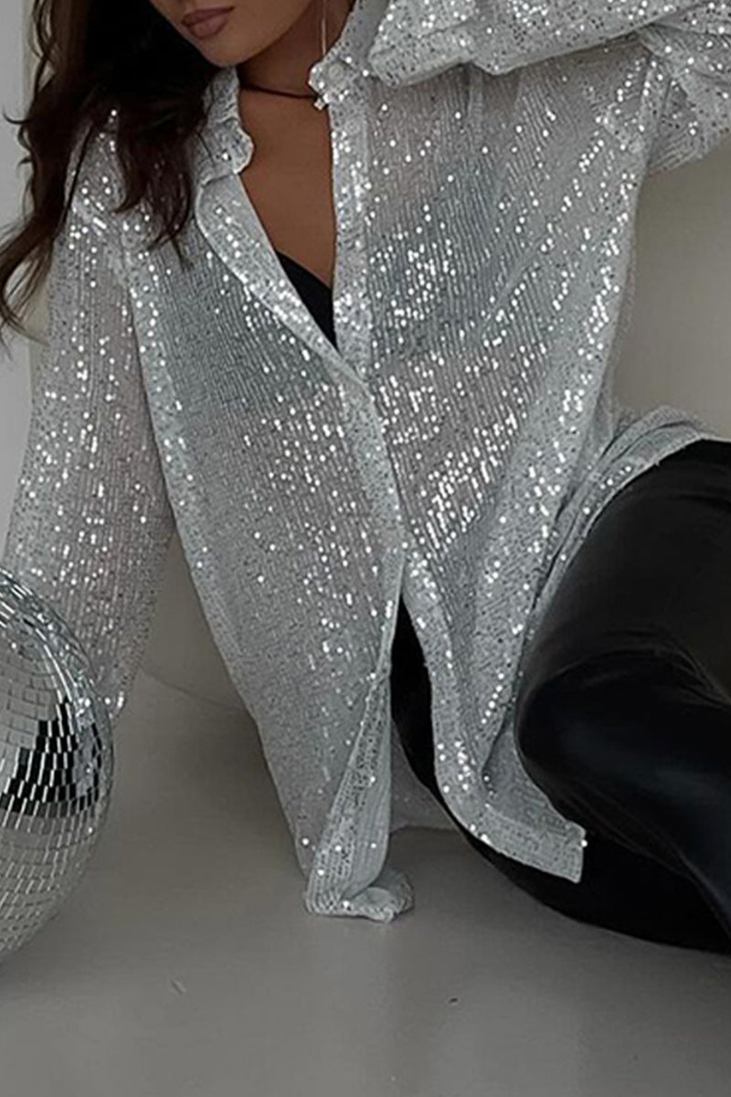 Blusas sexis de cuello vuelto con lentejuelas transparentes y lisas