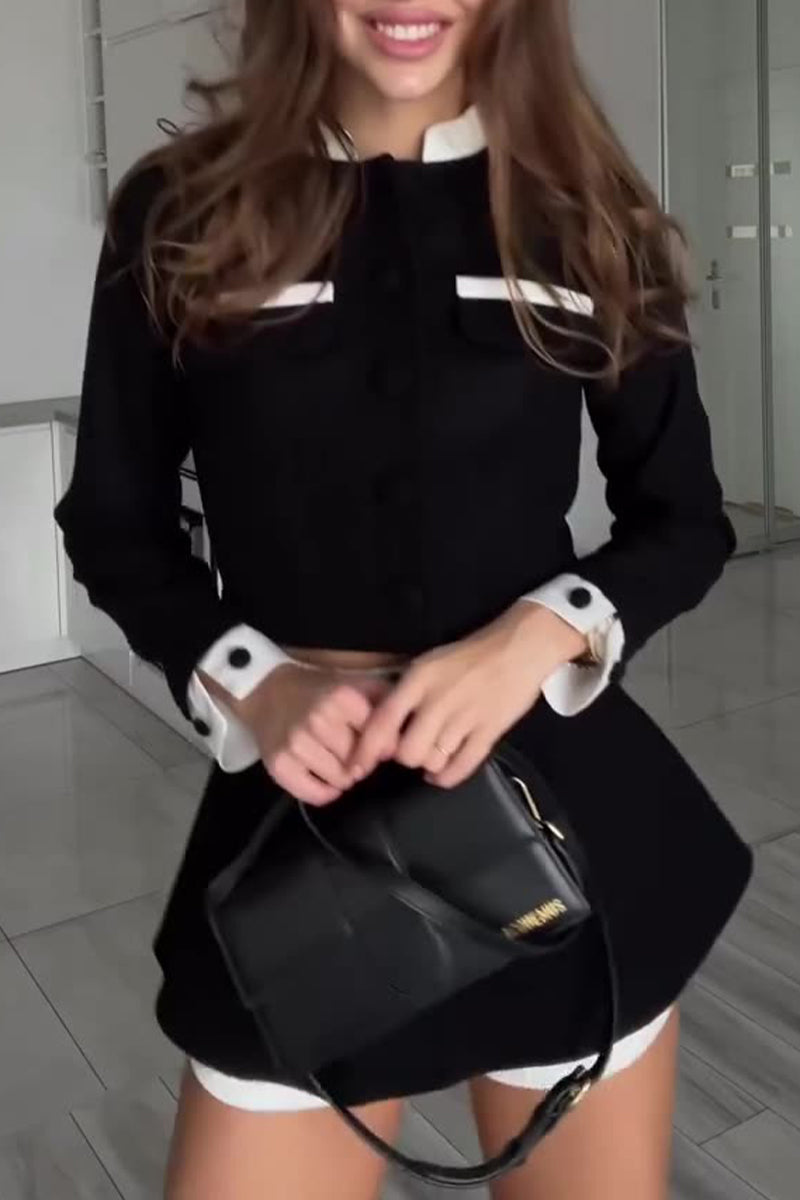 Celebridades - Conjunto de dos piezas con cuello mandarín, manga larga y bolsillos lisos en contraste