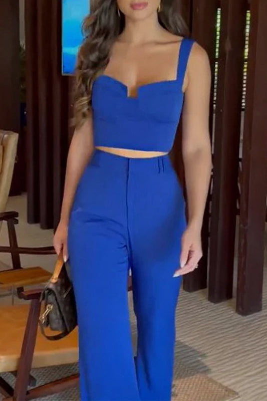 Elegante conjunto de dos piezas sin mangas con cuello cuadrado y bolsillo liso