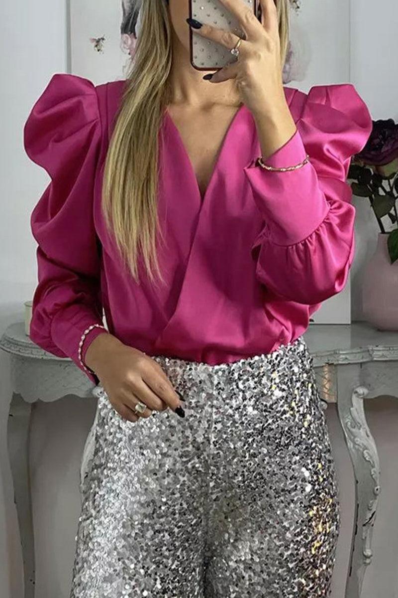 Blusas elegantes de celebridades con cuello en V y pliegues lisos (6 colores)