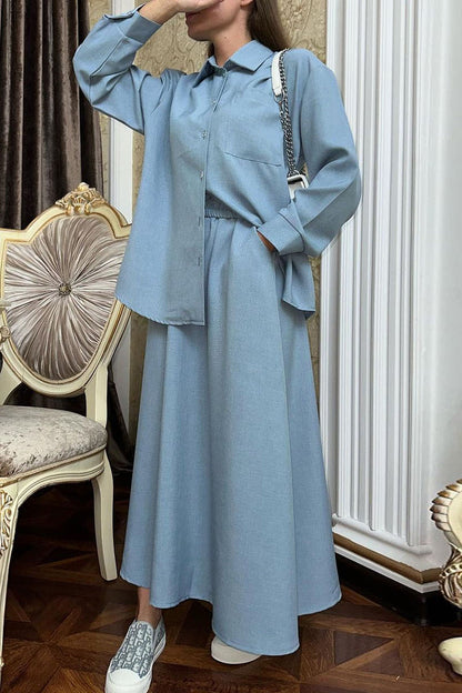 Conjunto de dos piezas elegante y dulce con botones sólidos, cuello vuelto y manga larga