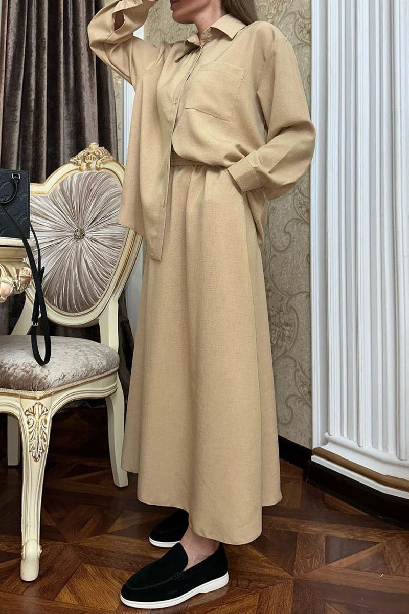 Conjunto de dos piezas elegante y dulce con botones sólidos, cuello vuelto y manga larga