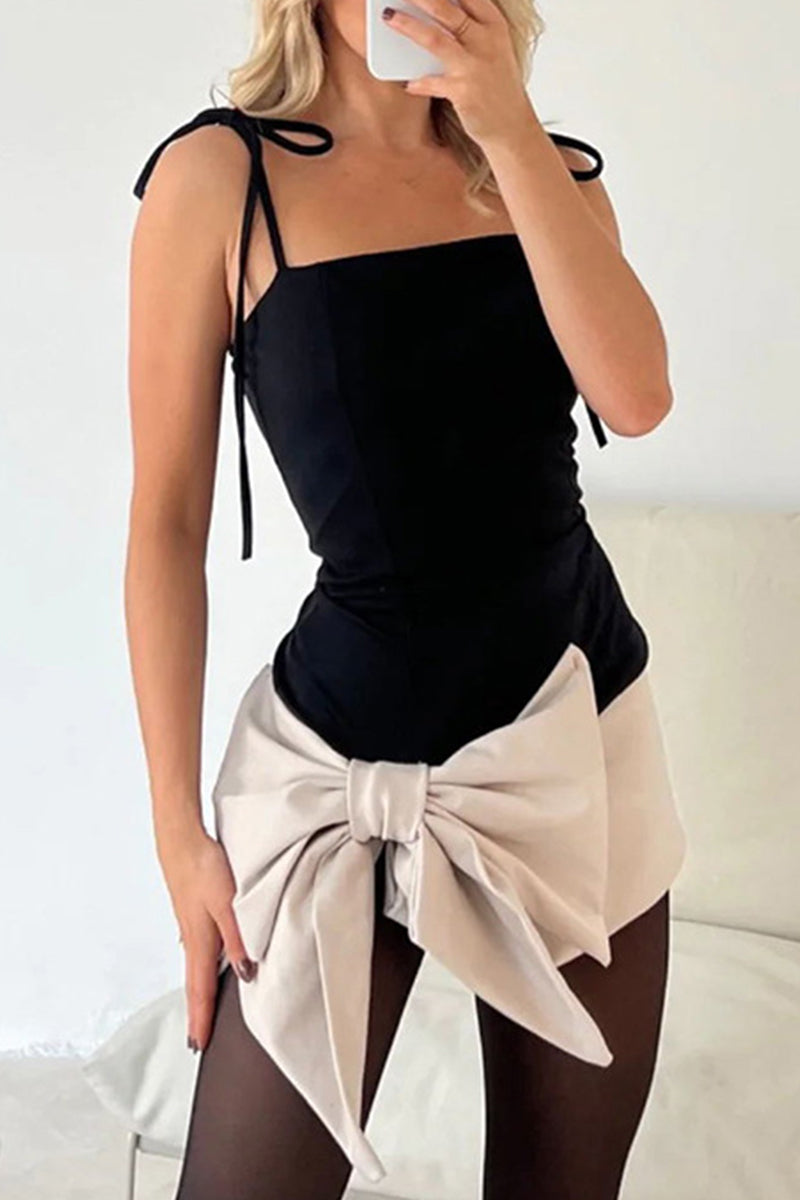 Vestido sexy formal de color liso con lazo y cuello cuadrado (3 colores)
