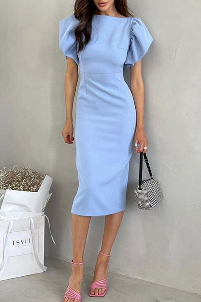 Lindos y elegantes vestidos de falda cruzada con cuello redondo y abertura con volantes sólidos