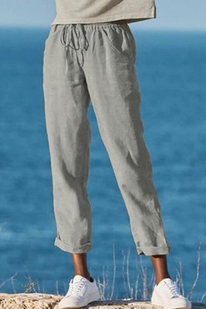 Pantalones casuales de moda con bolsillos sólidos y pierna ancha y sueltos
