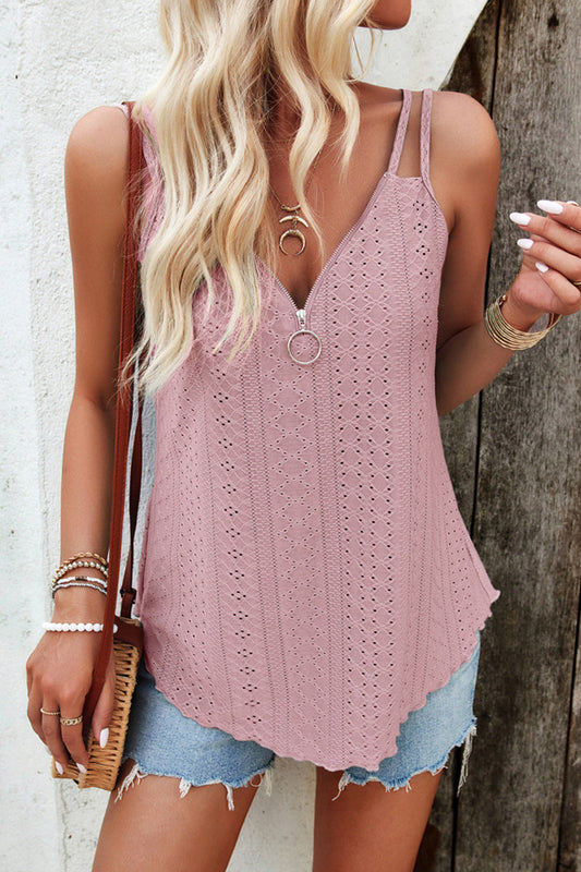 Tops sexys de jacquard sólido ahuecados con cremallera y cuello con cremallera