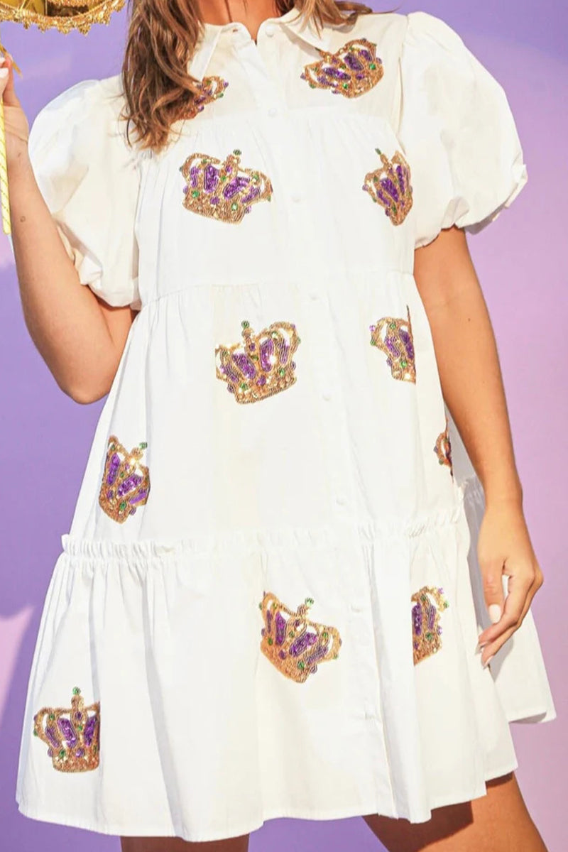 Vestido camisero de manga corta con cuello vuelto y lentejuelas lisas