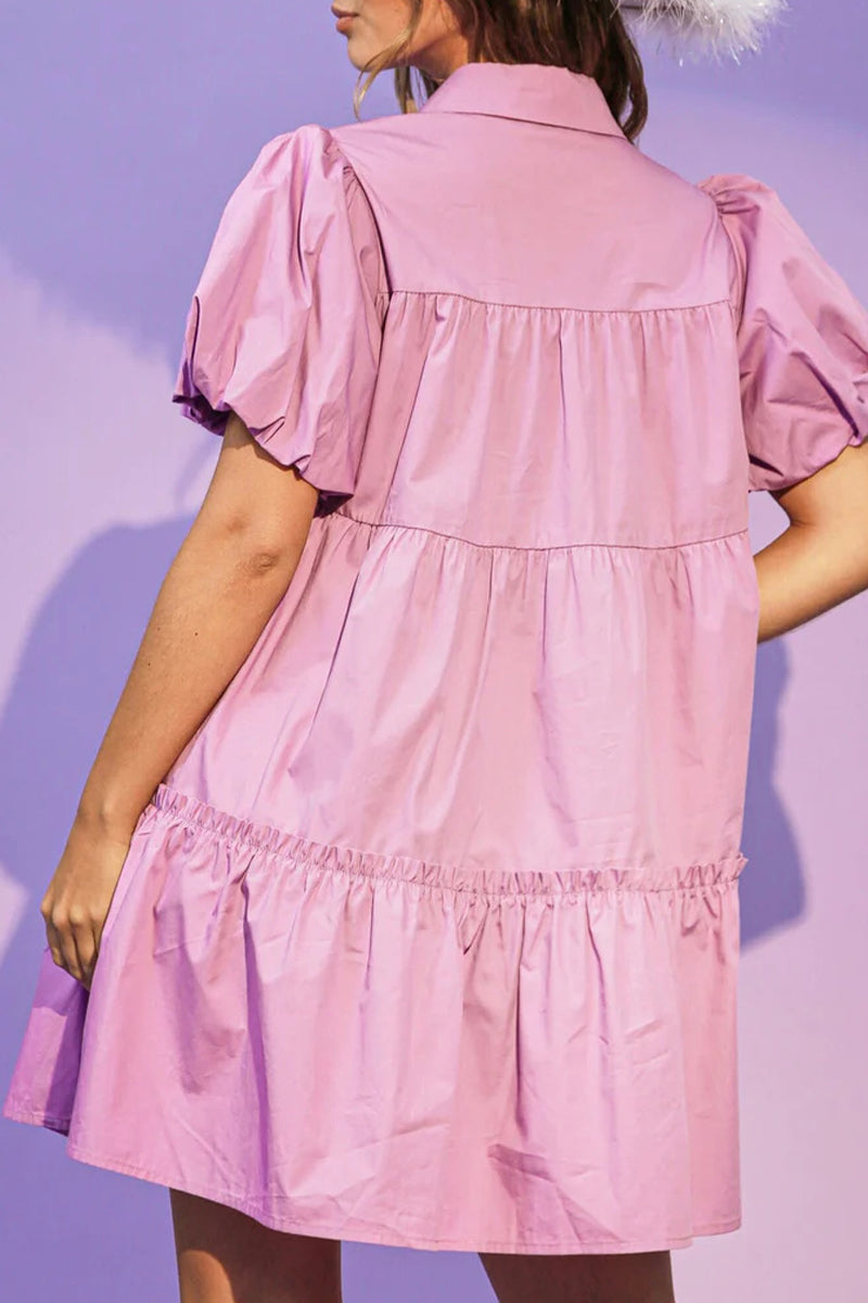 Vestido camisero de manga corta con cuello vuelto y lentejuelas lisas