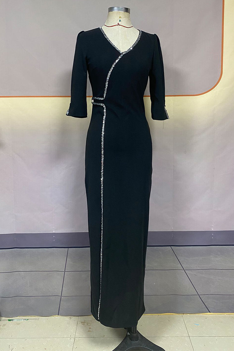 Elegante vestido irregular con escote en V y talle alto de color liso