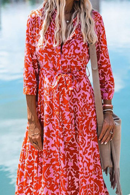 Vestido camisero informal de vacaciones con cuello vuelto y frenillo floral