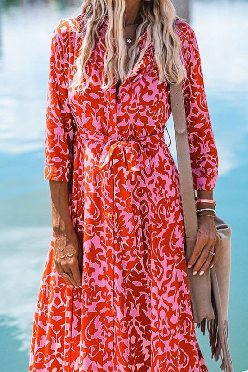 Vestido camisero informal de vacaciones con cuello vuelto y frenillo floral
