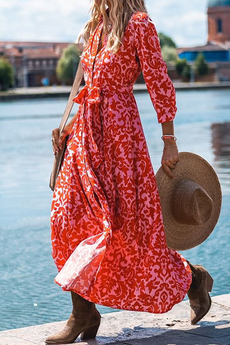 Vestido camisero informal de vacaciones con cuello vuelto y frenillo floral