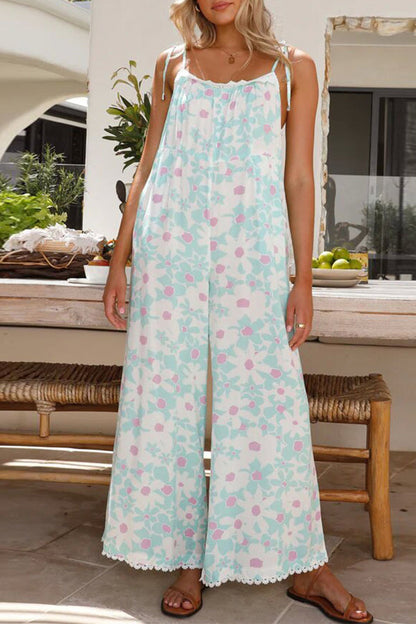 Mono holgado con cuello en U y encaje de flores con estampado dulce