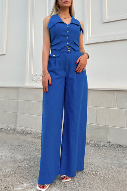 Conjunto de dos piezas elegante estilo británico con cuello vuelto, sin mangas, botones y bolsillos sólidos
