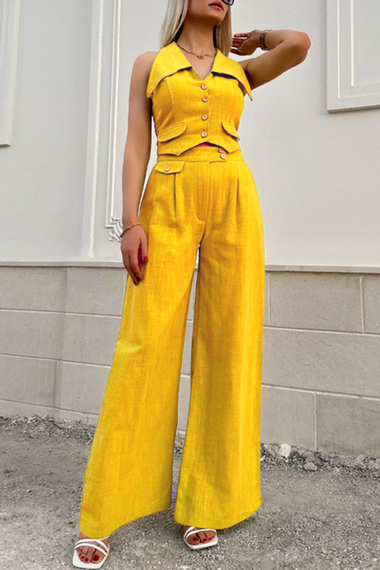 Conjunto de dos piezas elegante estilo británico con cuello vuelto, sin mangas, botones y bolsillos sólidos