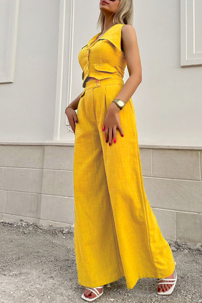 Conjunto de dos piezas elegante estilo británico con cuello vuelto, sin mangas, botones y bolsillos sólidos
