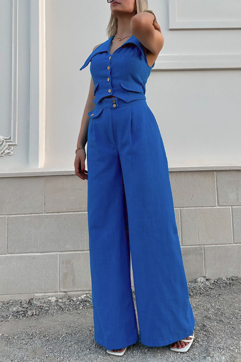 Conjunto de dos piezas elegante estilo británico con cuello vuelto, sin mangas, botones y bolsillos sólidos