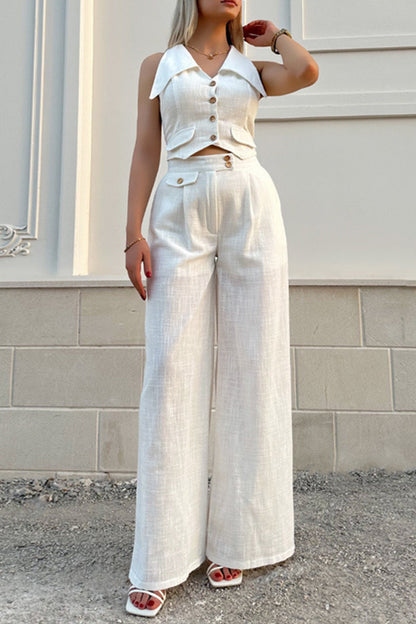 Conjunto de dos piezas elegante estilo británico con cuello vuelto, sin mangas, botones y bolsillos sólidos