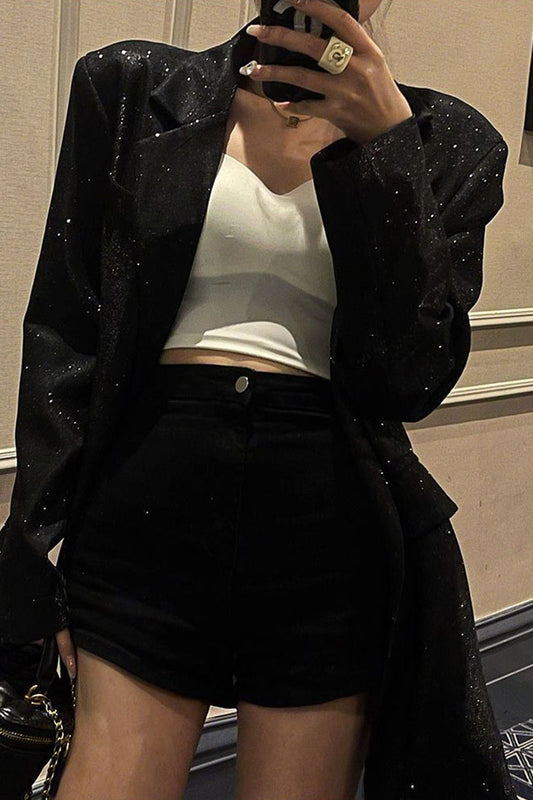 Abrigo estilo británico vintage de lentejuelas lisas con cuello vuelto en talla grande