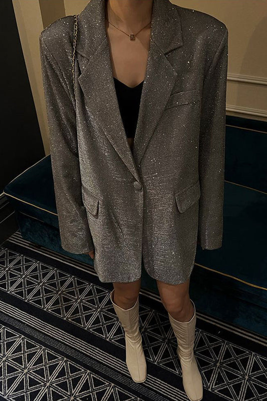 Abrigo estilo británico vintage de lentejuelas lisas con cuello vuelto en talla grande