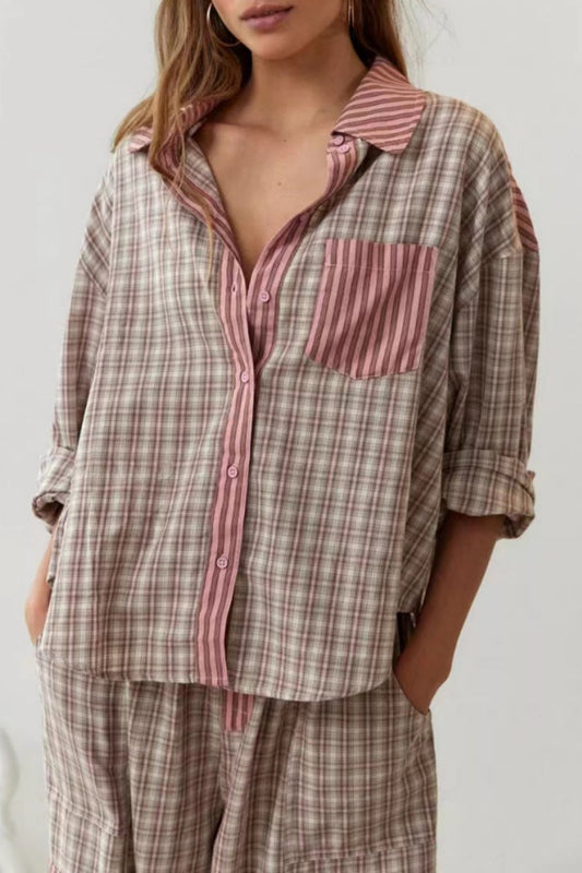 Conjunto de dos piezas de manga larga y cuello vuelto básico con patchwork para vida informal
