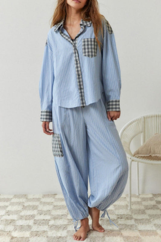 Conjunto de dos piezas de manga larga y cuello vuelto básico con patchwork para vida informal