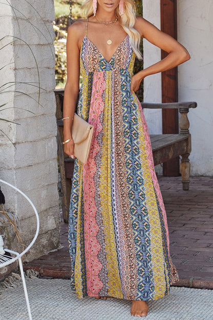 Vestido sexy con cuello en V, espalda descubierta y estampado vintage