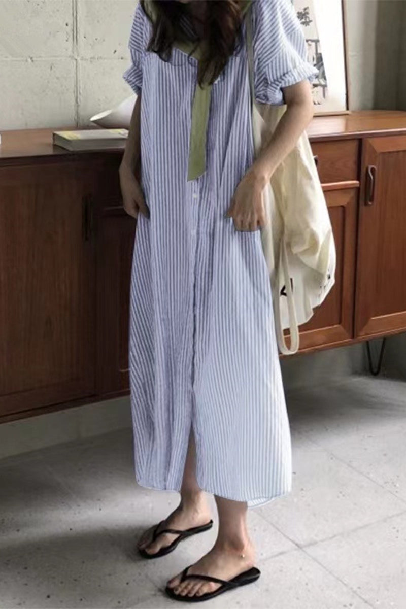 Vestido camisero informal con cuello POLO y bolsillos a rayas