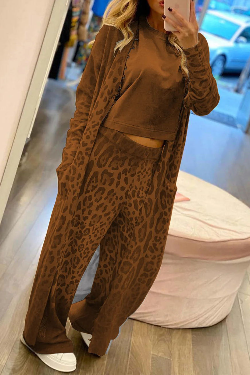 Cárdigan informal de manga larga con cuello de leopardo y bolsillo, dos piezas