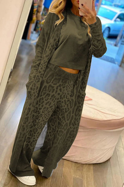 Cárdigan informal de manga larga con cuello de leopardo y bolsillo, dos piezas