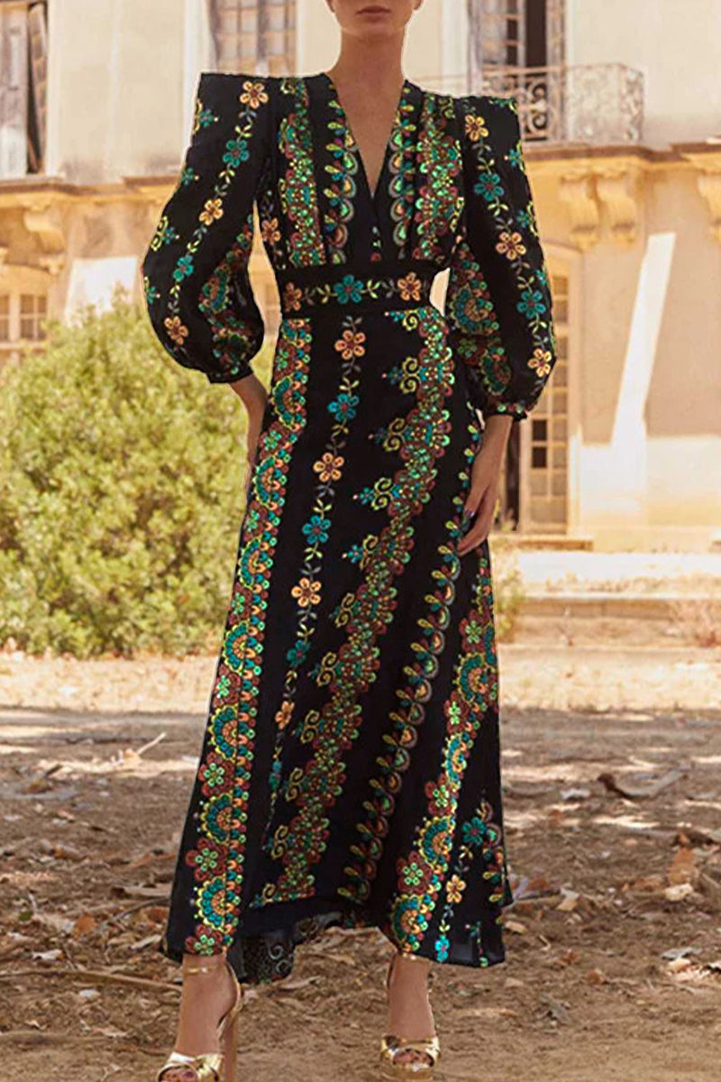 Conjunto de dos piezas con escote en V y estampado geométrico elegante vintage