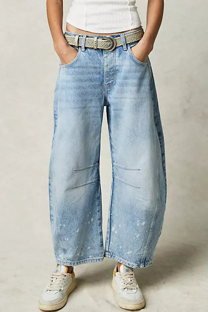 Casual Vintage Solid Pocket Without Belt Mid Waist Loose Denim Jeans(No Belt)