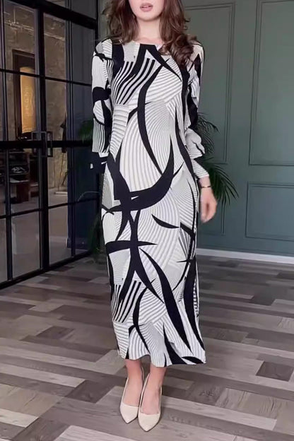 Elegante vestido de corte A con cuello redondo, estampado de rayas y cremallera en el cinturón