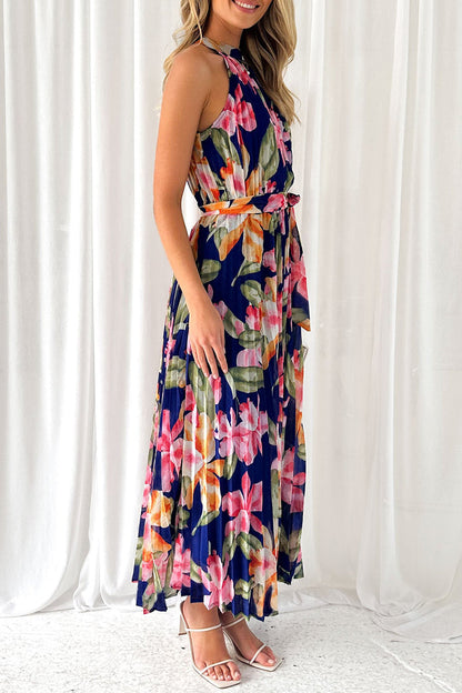 Vestido vintage elegante con estampado floral y cuello halter