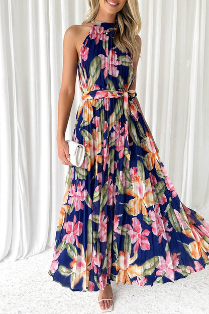 Vestido vintage elegante con estampado floral y cuello halter