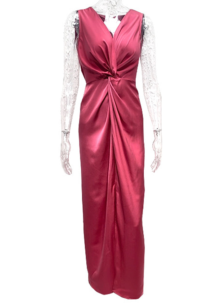 Vestido de noche sexy, formal, liso, con escote en V y pliegues (4 colores)