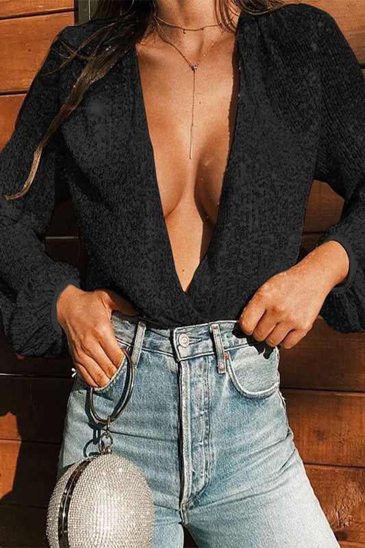 Tops sexys con cuello en V y lentejuelas de retazos
