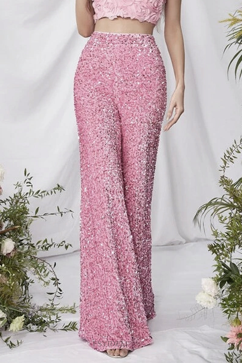Celebridades Elegantes Lentejuelas Sólidas Sueltas Cintura Alta Pierna Ancha Color Sólido Bottoms