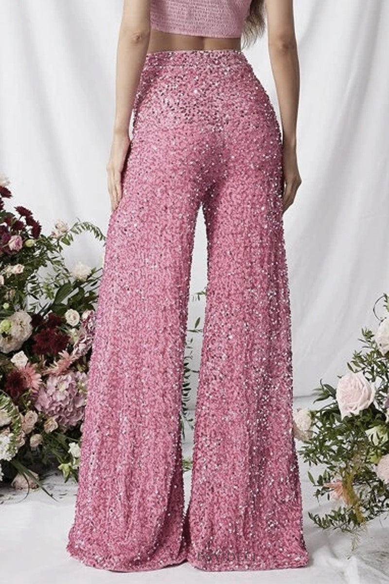 Celebridades Elegantes Lentejuelas Sólidas Sueltas Cintura Alta Pierna Ancha Color Sólido Bottoms