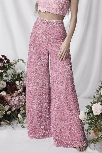 Celebridades Elegantes Lentejuelas Sólidas Sueltas Cintura Alta Pierna Ancha Color Sólido Bottoms